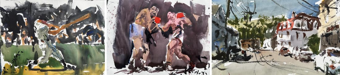 Collage of painterly watercolor paintings: loose baseball batter in motion, expressive boxing match, and vibrant street scene sketch