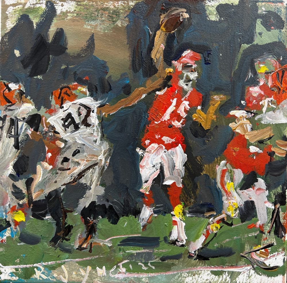 Original painting of Patrick Mahomes Chiefs quarterback throwing touchdown pass