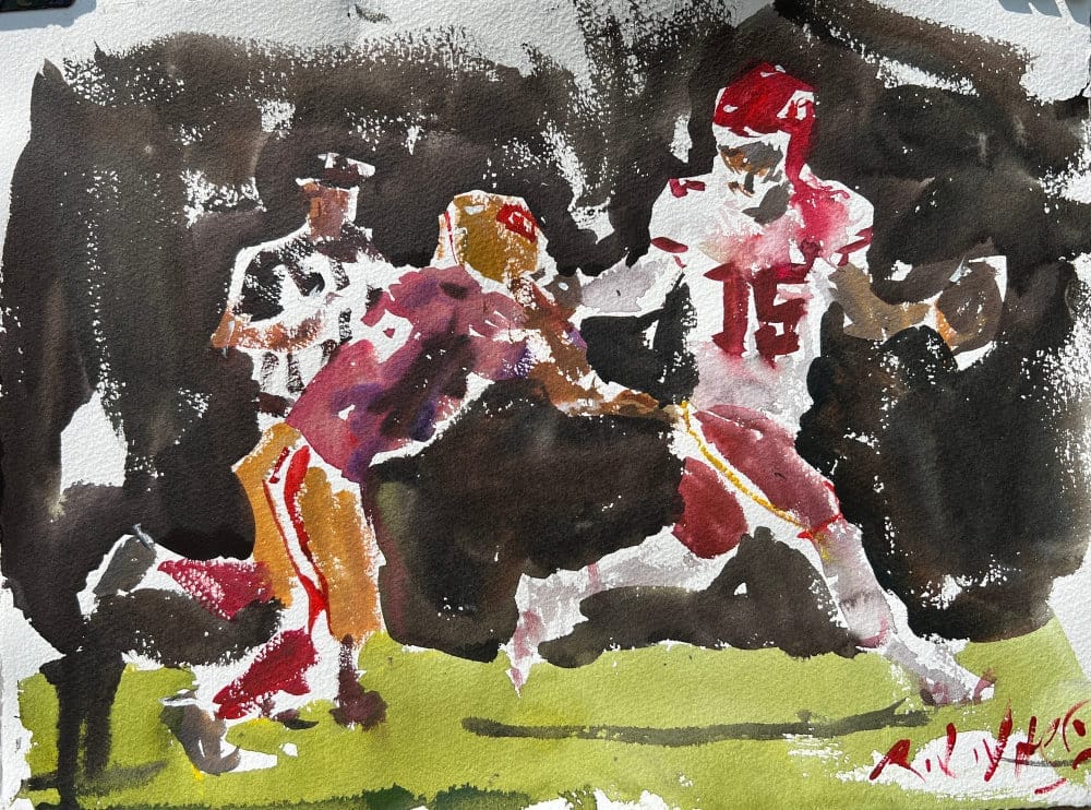 Watercolor portrait of Patrick Mahomes Chiefs dynasty tight end original football art