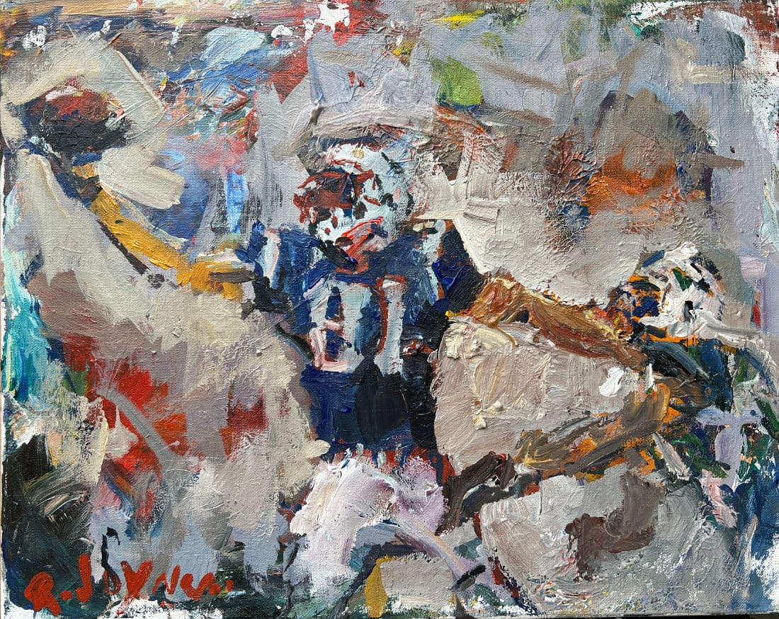 Randy Moss New England Patriots wide receiver original painting, expressive acrylic sports art by Robert Joyner