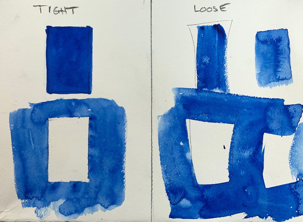 Rectangle painting exercise showing tight approach with many corrective strokes versus loose painterly approach with single confident brushstroke
