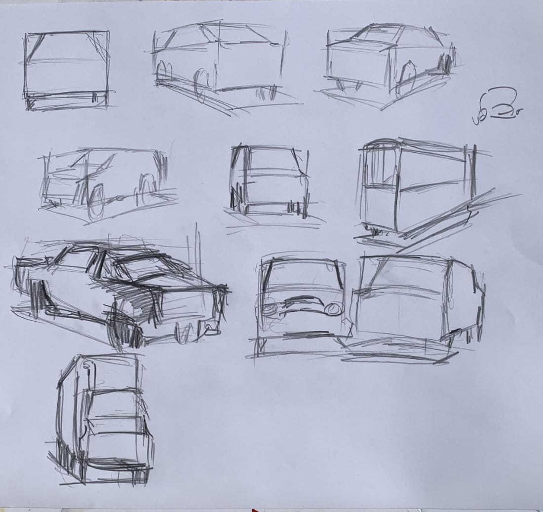 Robert's 1-minute car drawing challenge results showing 10 vehicle sketches demonstrating box method construction with loose gestural lines, perspective angles, and structural foundation approach on white paper