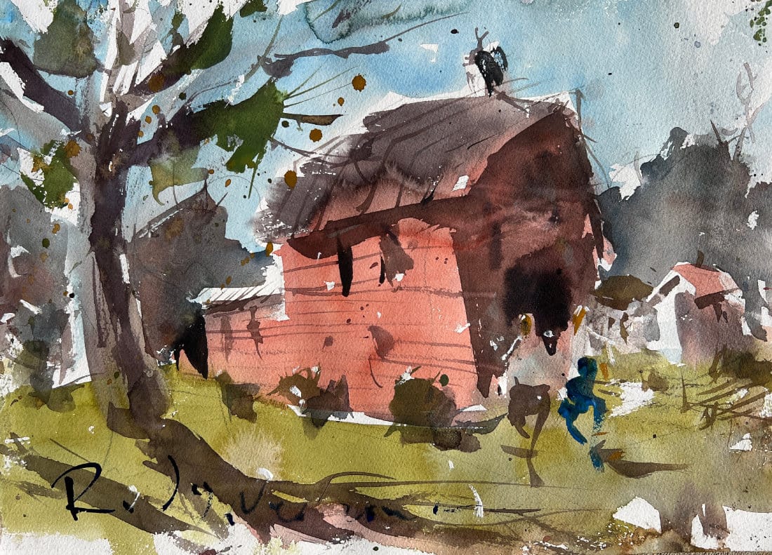 Rural watercolor landscape painting - teaching artists to allow the medium to do what it wants