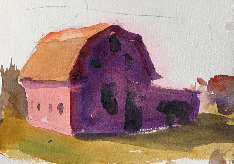 Wet-in-dry watercolor landscape idea - Pink Barn