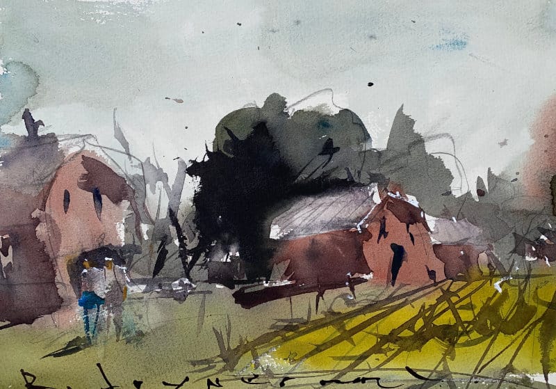 dvanced rural watercolor landscape painting idea - farmhouse