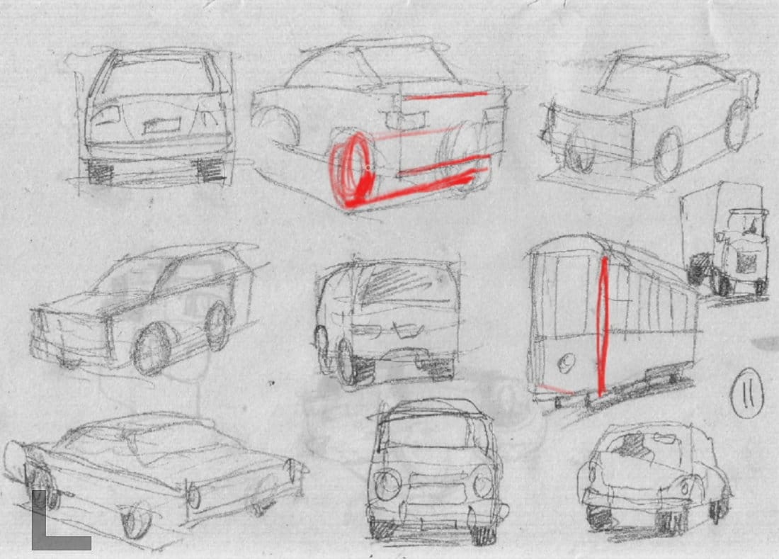 Collection of successful student car drawings from 1-minute challenge showing good perspective, proportions, and structural understanding with teacher annotations highlighting effective techniques