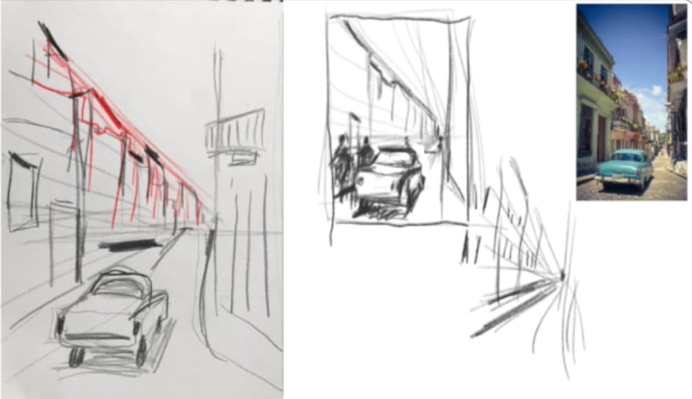 Student drawing critique showing car height error circled in red, reference photo, and corrected perspective for complex street scene