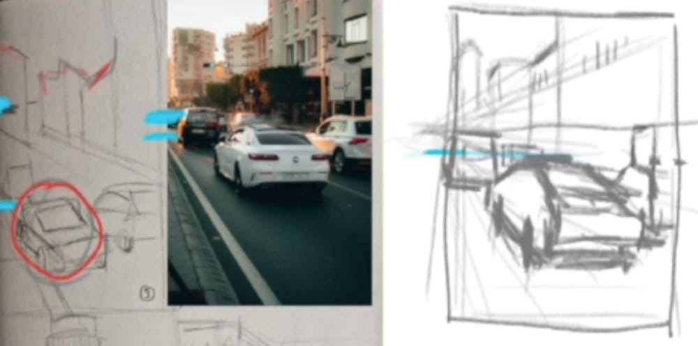 Two student drawing attempts of Cuba street scene with car and buildings showing perspective corrections, reference photo on right