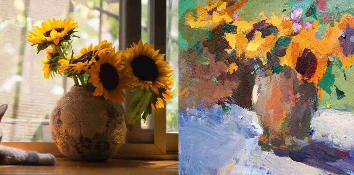 Side-by-side of sunflower inspiration photo and finished acrylic painting, showing how a realistic reference transforms into expressive loose brushwork.