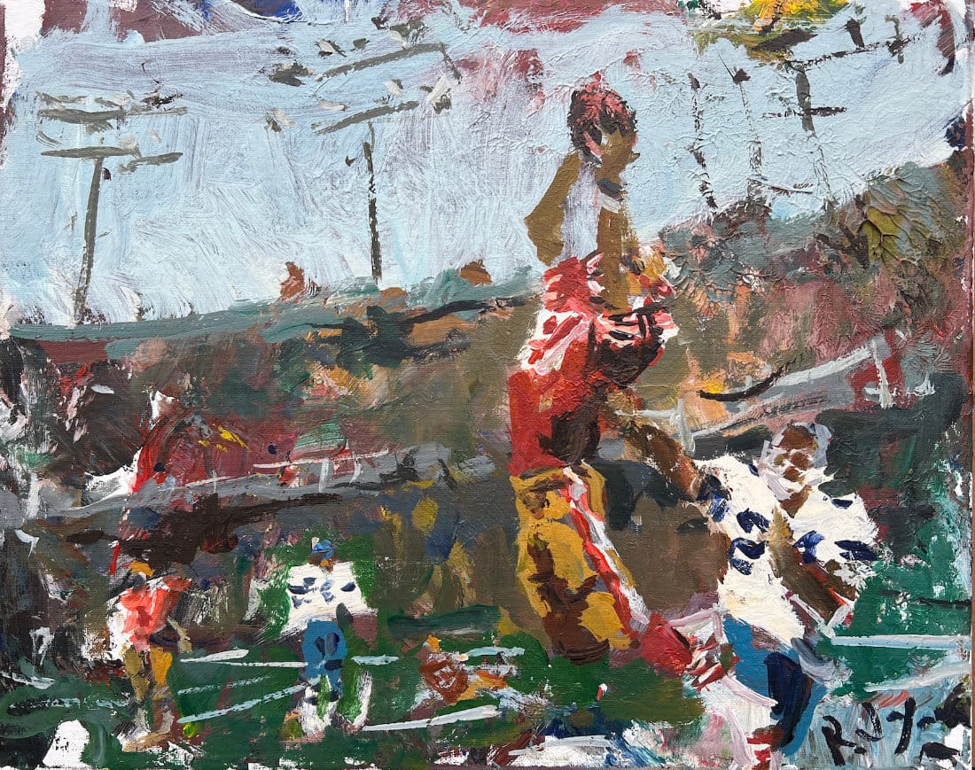 The Catch 49ers Montana to Clark original painting, iconic 1982 moment in acrylic by Robert Joyner