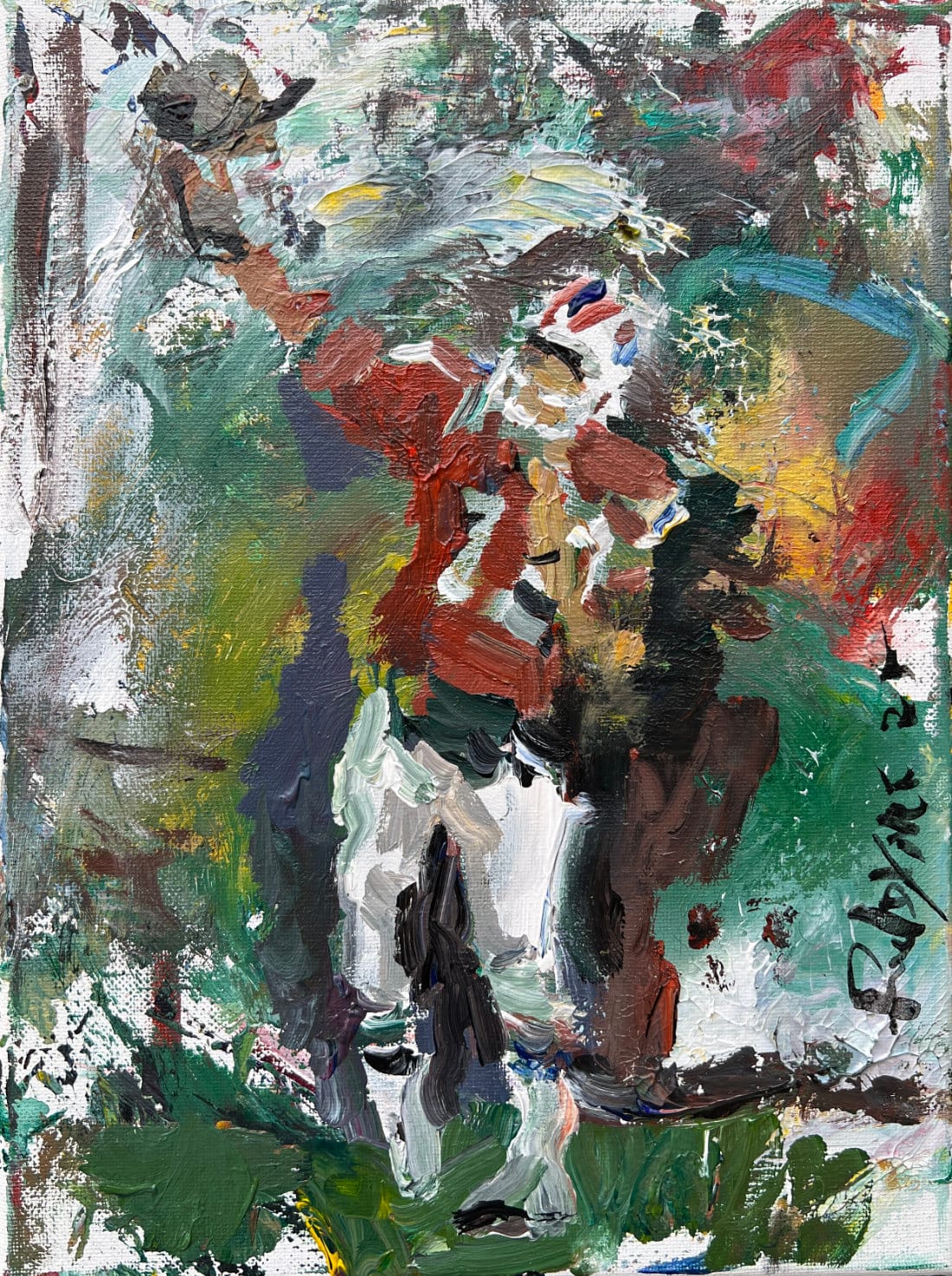 Tom Brady New England Patriots quarterback original painting in red throwback uniform, acrylic artwork by Robert Joyner