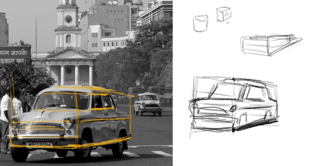 Tracking lines demonstration showing car photo with yellow perspective lines overlaid, alongside basic geometric shapes including cylinder and cube sketches for understanding three-dimensional forms