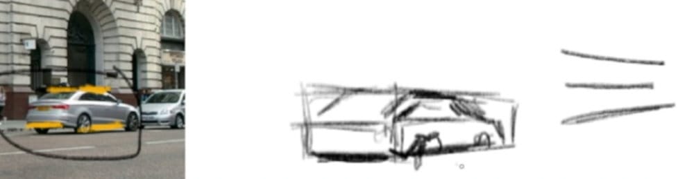 Size matters for tracking demonstration showing car near building with sketch showing proper scale
