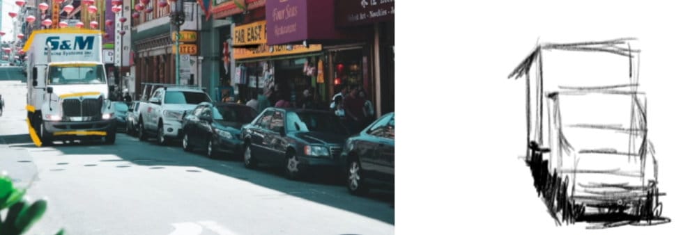 Complex tracking lines example showing urban street scene with vehicles and corresponding truck sketch demonstrating perspective tracking in longer vehicle form