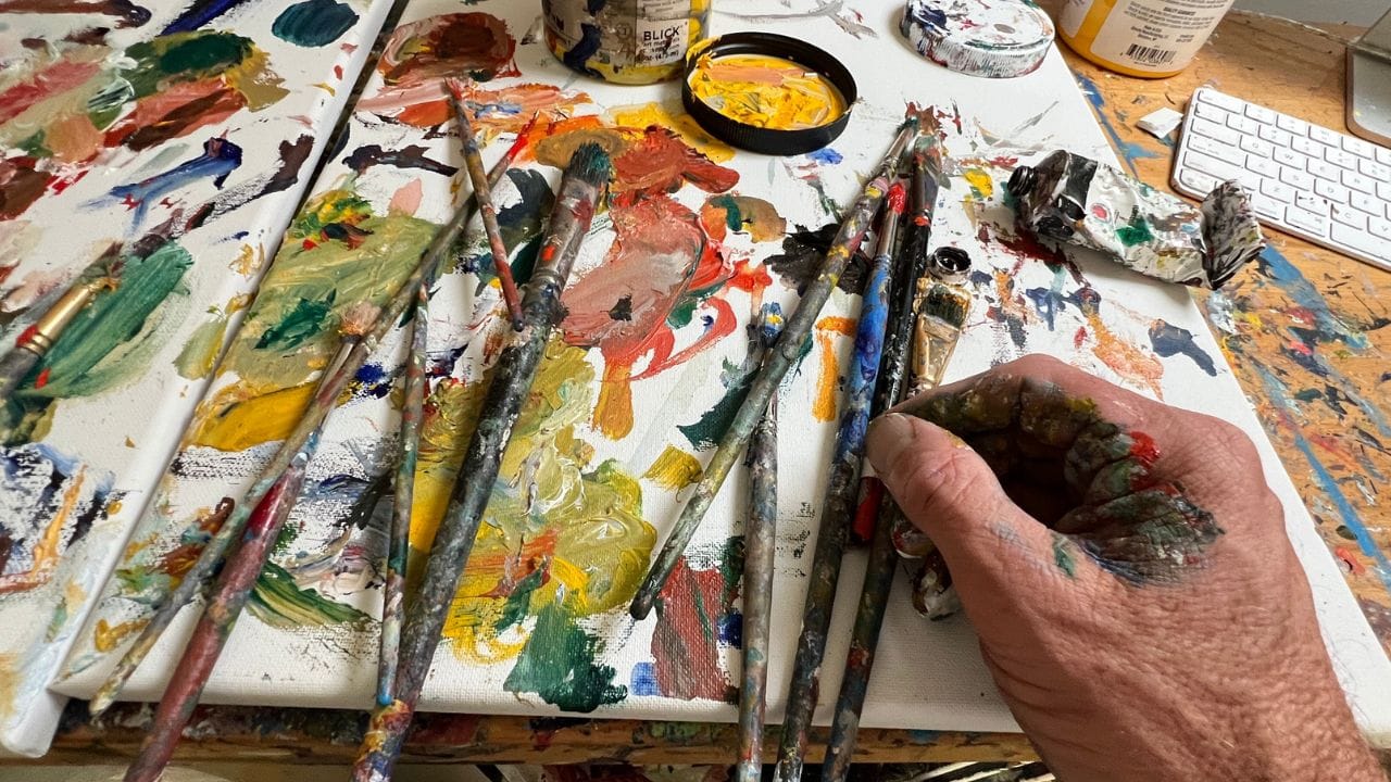 Image shows how canvas can be used as a mixing palette - canvas is then used as a starting point for a painting.