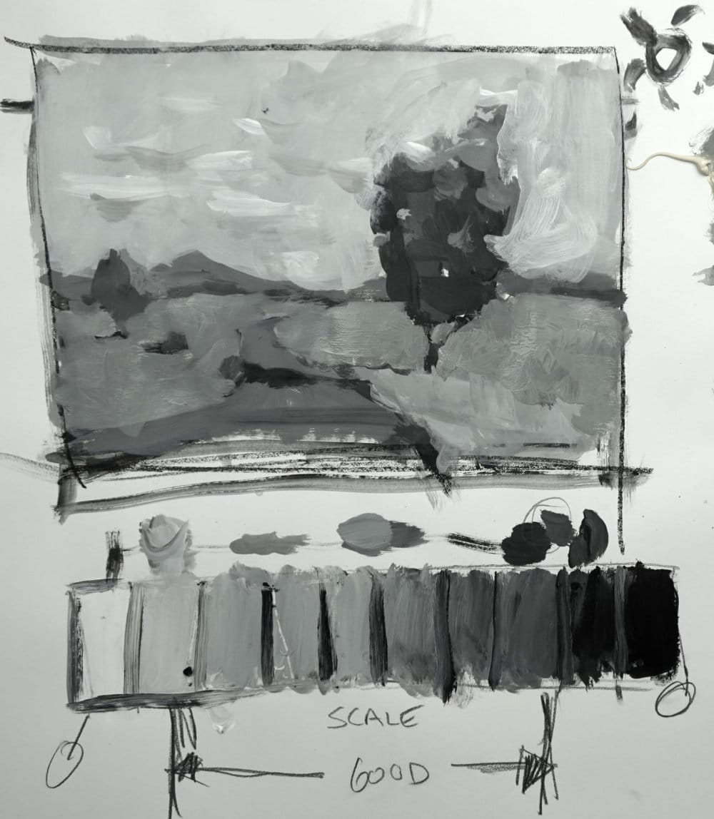 Step-by-step value hierarchy demonstration transforming landscape scene into clear light and dark patterns
