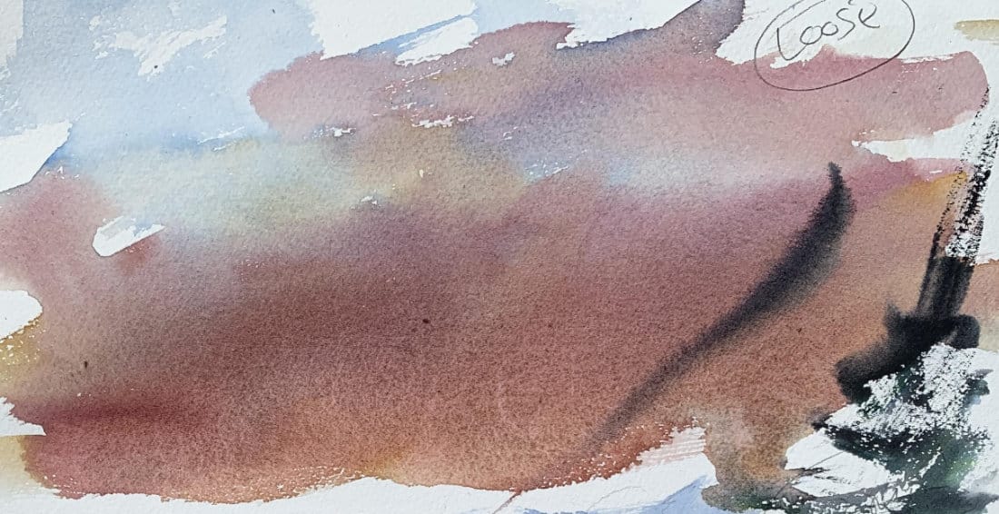 Watercolor brush techniques demonstration showing loose, flowing washes created with back hold grip position for maximum range of movement and organic brushwork effects