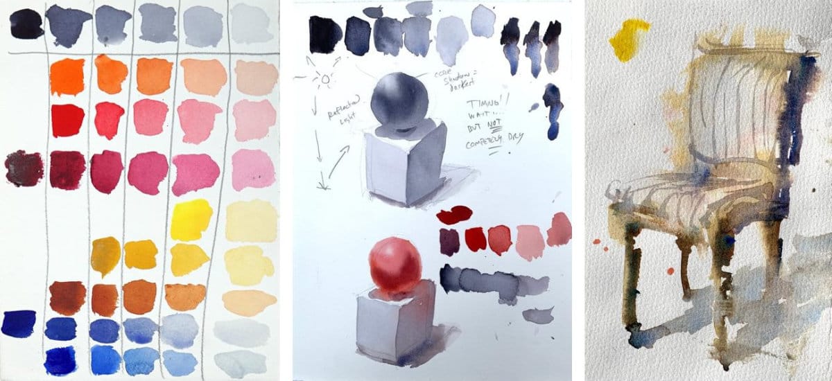 Watercolor demonstrations for developing core techniques and loose brushwork