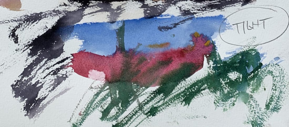 Watercolor forward grip demonstration showing tight, controlled brushwork on dry paper surface with precise color placement and limited range of movement effects