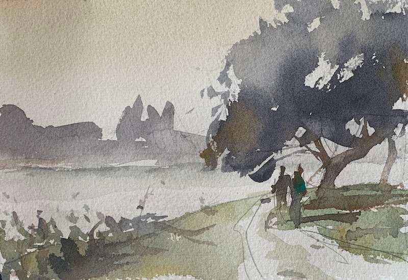 Beginner landscape painting idea - friends walking on path under shady tree