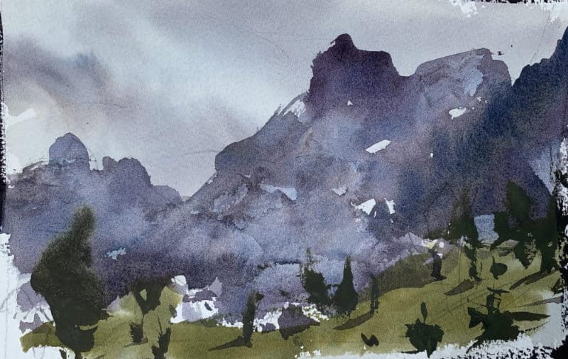 Easy Watercolor mountain landscape painting idea