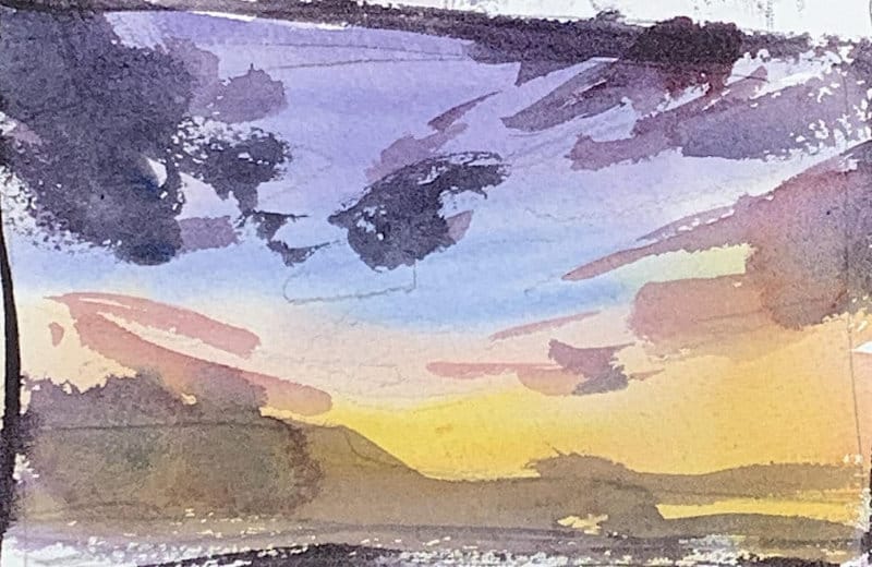 Beginner landscape painting idea with sunset
