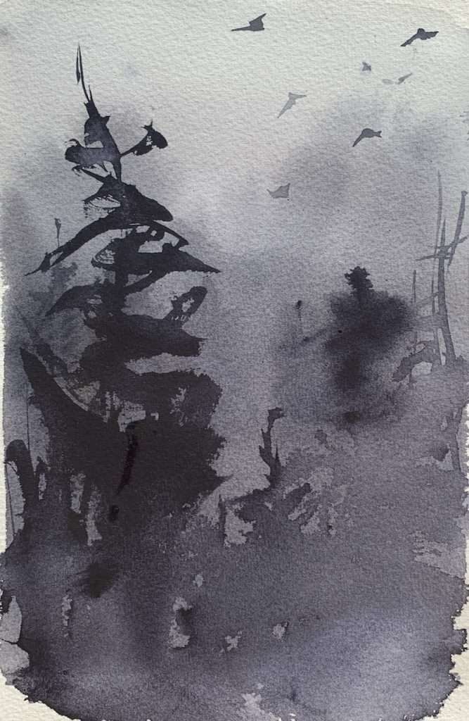 Watercolor landscape painting idea - spooky forest with pine trees