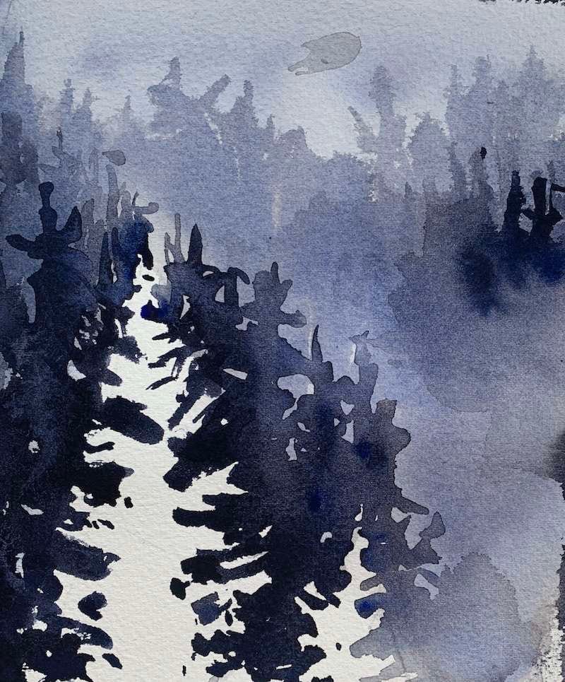 Watercolor beginner landscape - pine trees with negative space techniques