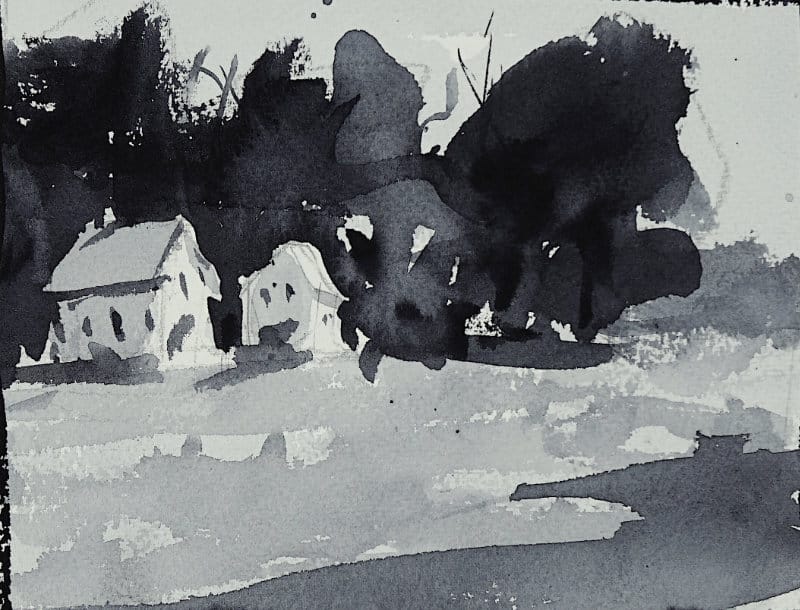 Beginner landscape painting idea - monochromatic rural landscape