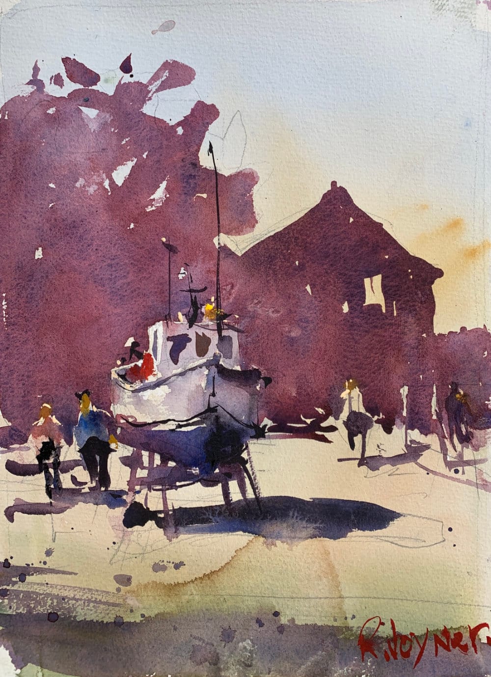 Loose chromatic watercolor landscape idea with boatyard and figures