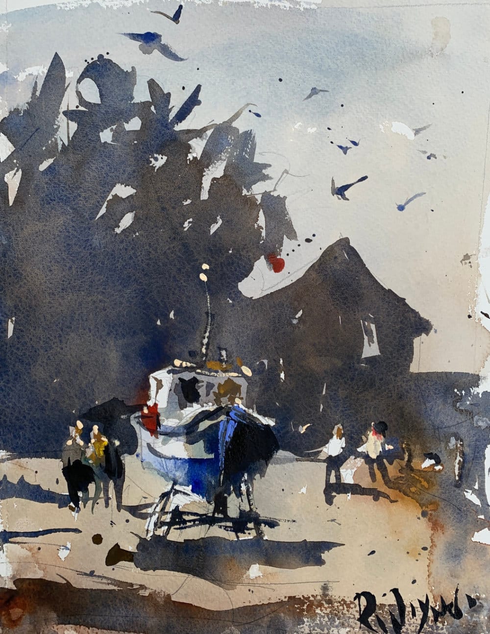 Loose tonal watercolor landscape idea with boatyard and figures