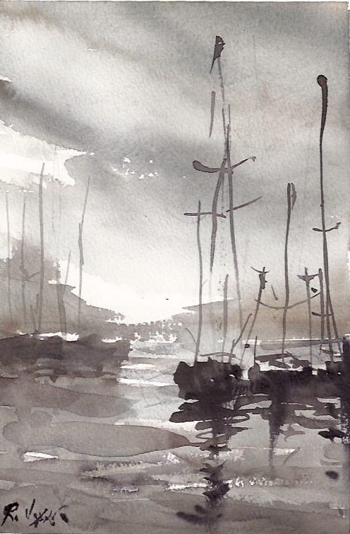 Expressive intermediate watercolor landscape painting idea with docked sailboats