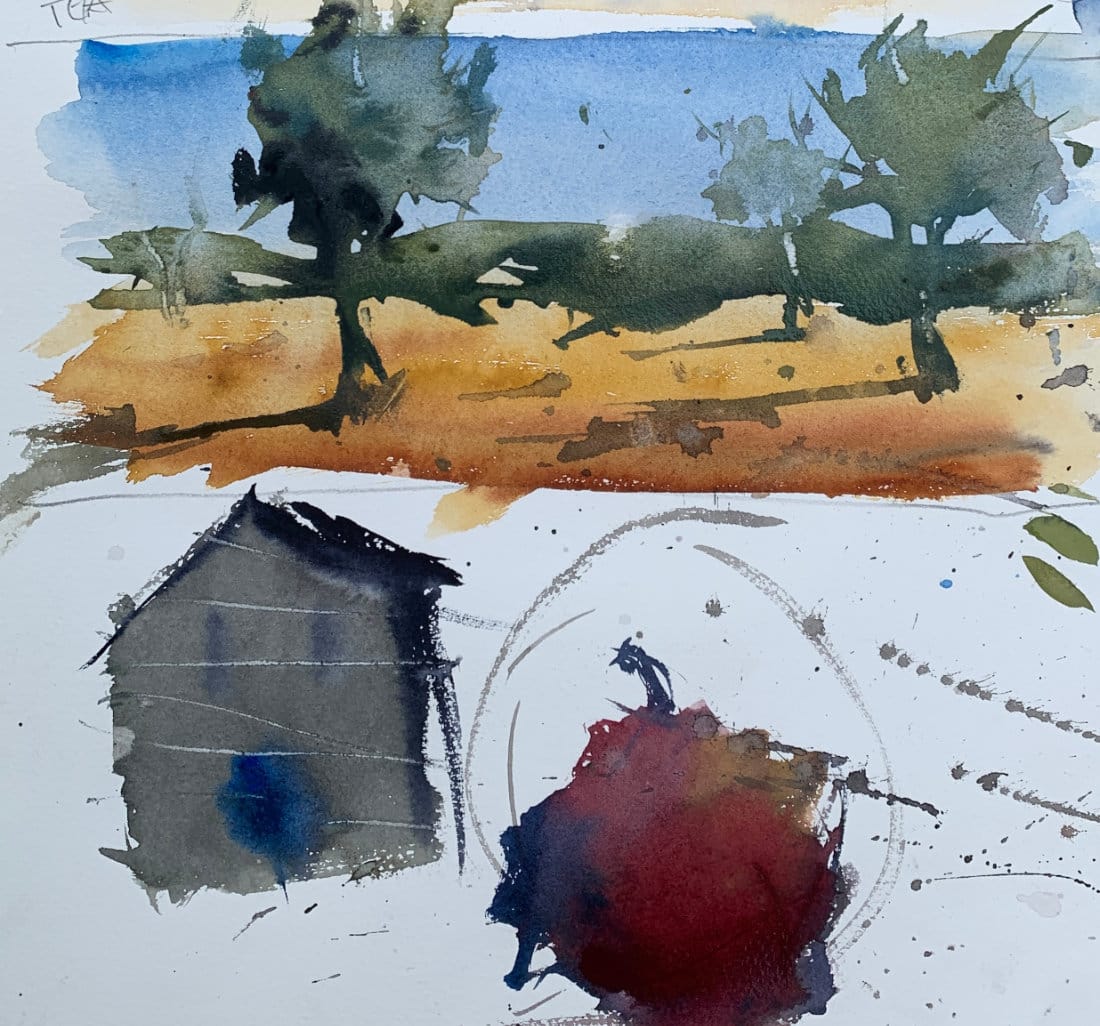 Complete watercolor layering demonstration showing charging techniques, splattering effects, lifting methods, and tea to honey paint consistency variations in landscape study with sky, trees, and ground elements