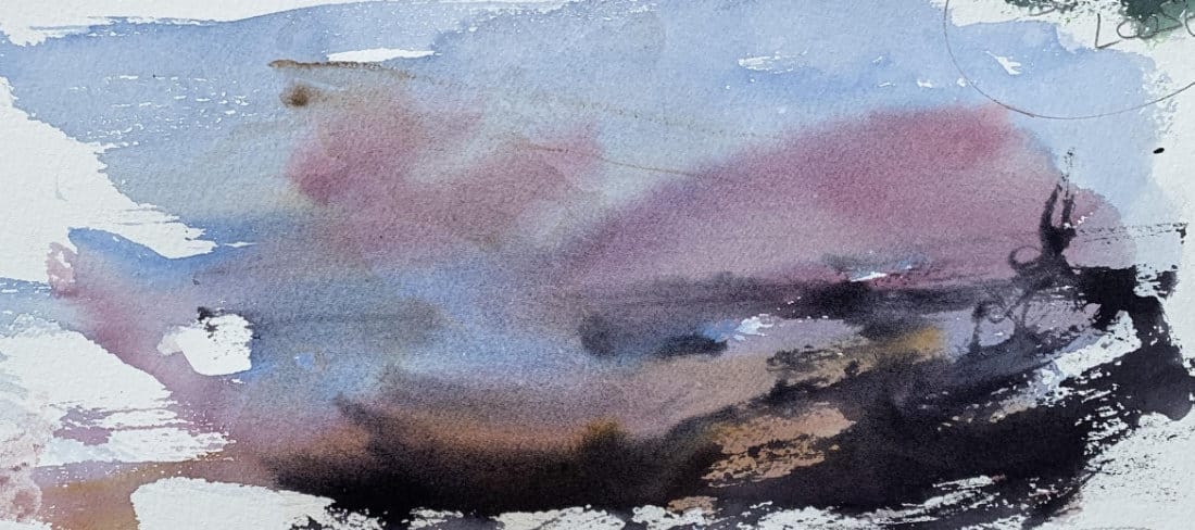 Watercolor overhand grip demonstration showing broken texture effects created with speed strokes that catch paper texture for organic, weathered surface appearance