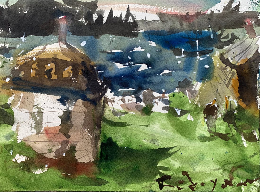 Unconventional watercolor techniques - loose watercolor landscape with seaside and homes