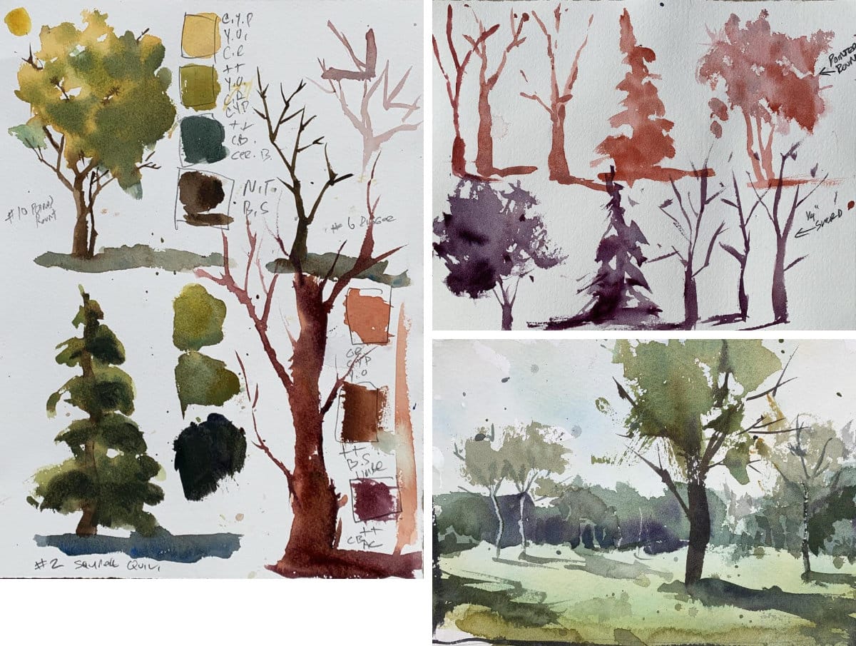Tree painting demonstrations with watercolors