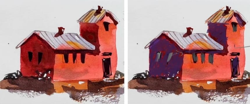 Student Watercolor Wash Critique: Image on right shows warm and Coll hues and reflected light hitting windows in shadow side