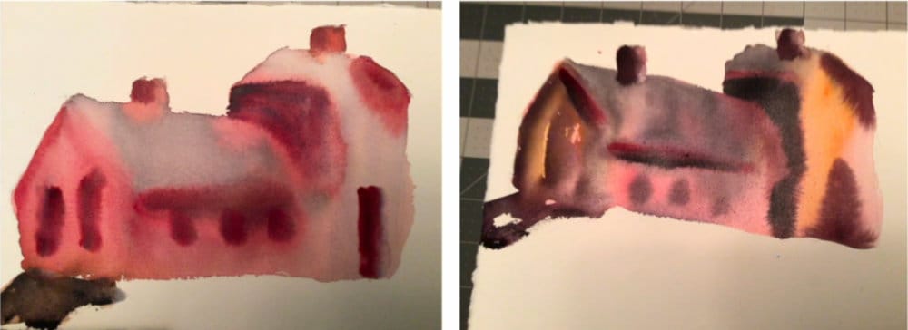 Watercolor Wash Student Critiques: These images illustrate how student didn't wait long enough to work into wet wash - note how all the edges are too fuzzy. Timing is critical!