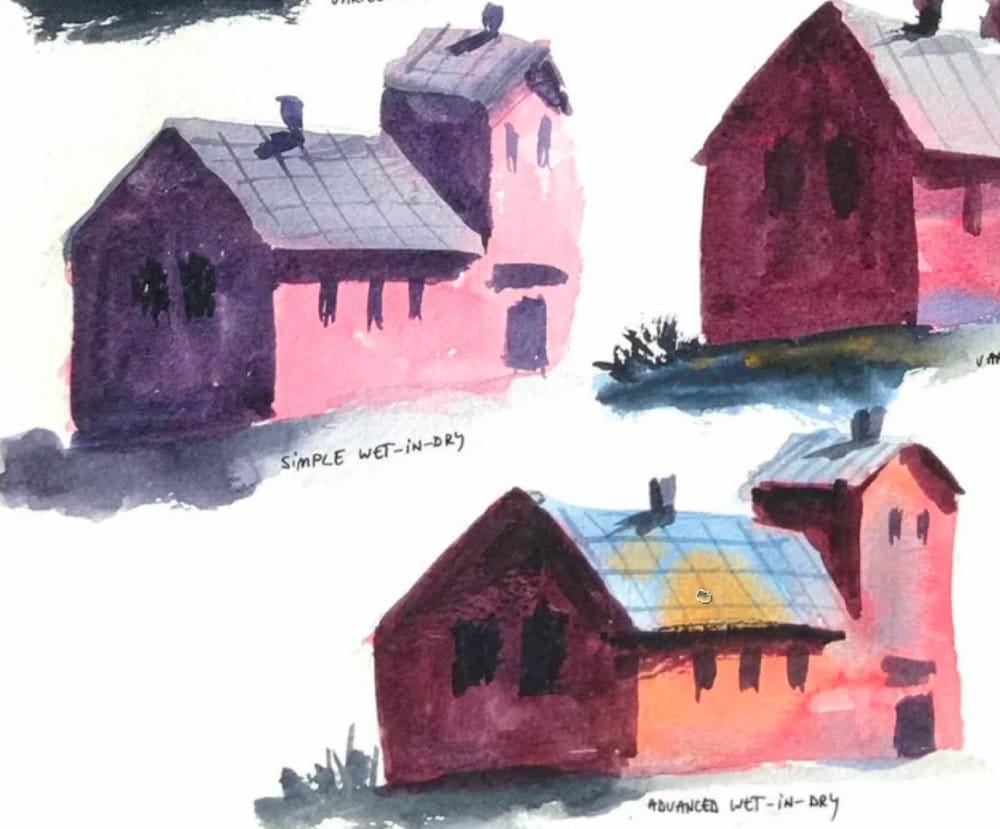 Watercolor wash issue with repetition that distract the viewer - you can see the grid pattern in the gray roof areas.