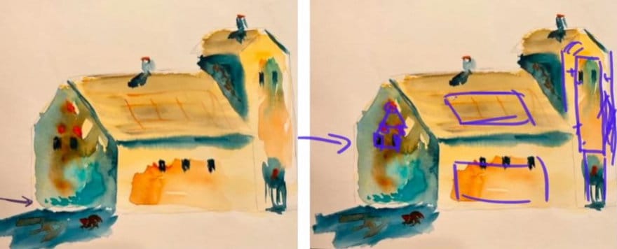 Watercolor wash problem with repetitive rectangular shapes placed within an area - this becomes a distraction to viewer.