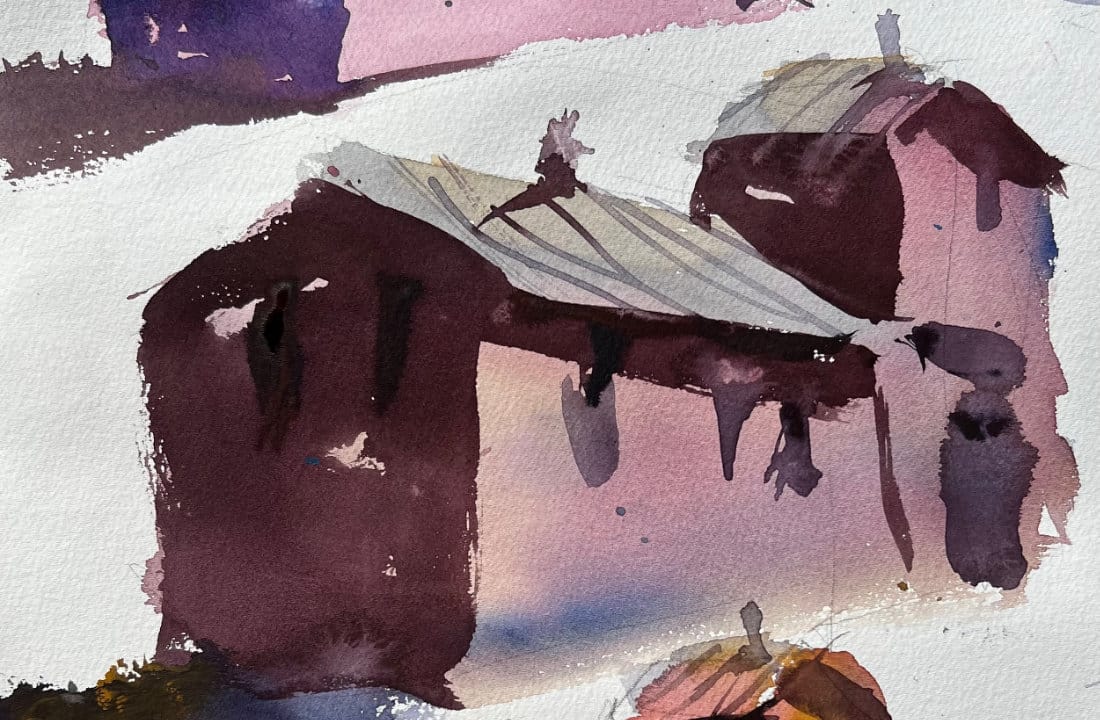 Wet-on-dry variegated washes demonstration showing building studies with complex color mixing using purple, blue, and ochre washes on dry paper surface