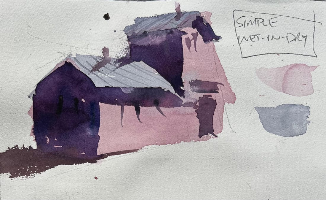 Wet-on-dry watercolor fundamentals demonstration showing clean, controlled building study with layered purple and pink washes using systematic dry surface technique