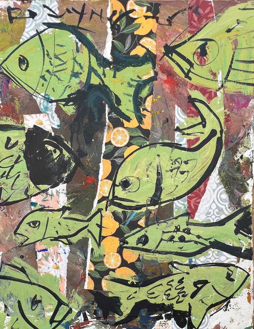 Mixed media painting of green fish with oranges showing spontaneous black line work and varied brushstrokes that emerged naturally from the painting process rather than deliberate stylistic choices
