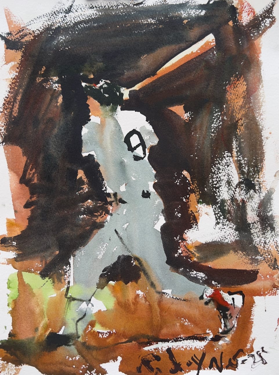 Expressive figure painting with loose, energetic brushwork and earth tones showing spontaneous paint application while maintaining enough structure to be recognizable as a baseball player taking a big swing