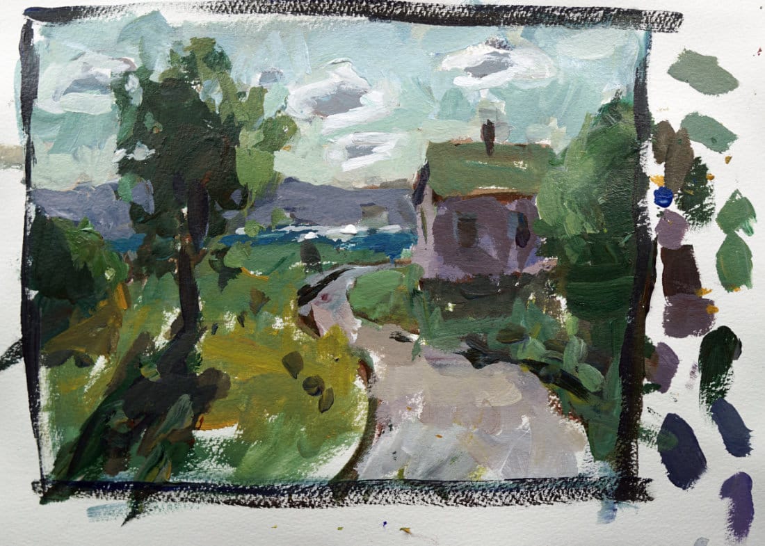 Acrylic landscape painting showing a back-lit scene with glowing sky, trees, and a small house under afternoon light.