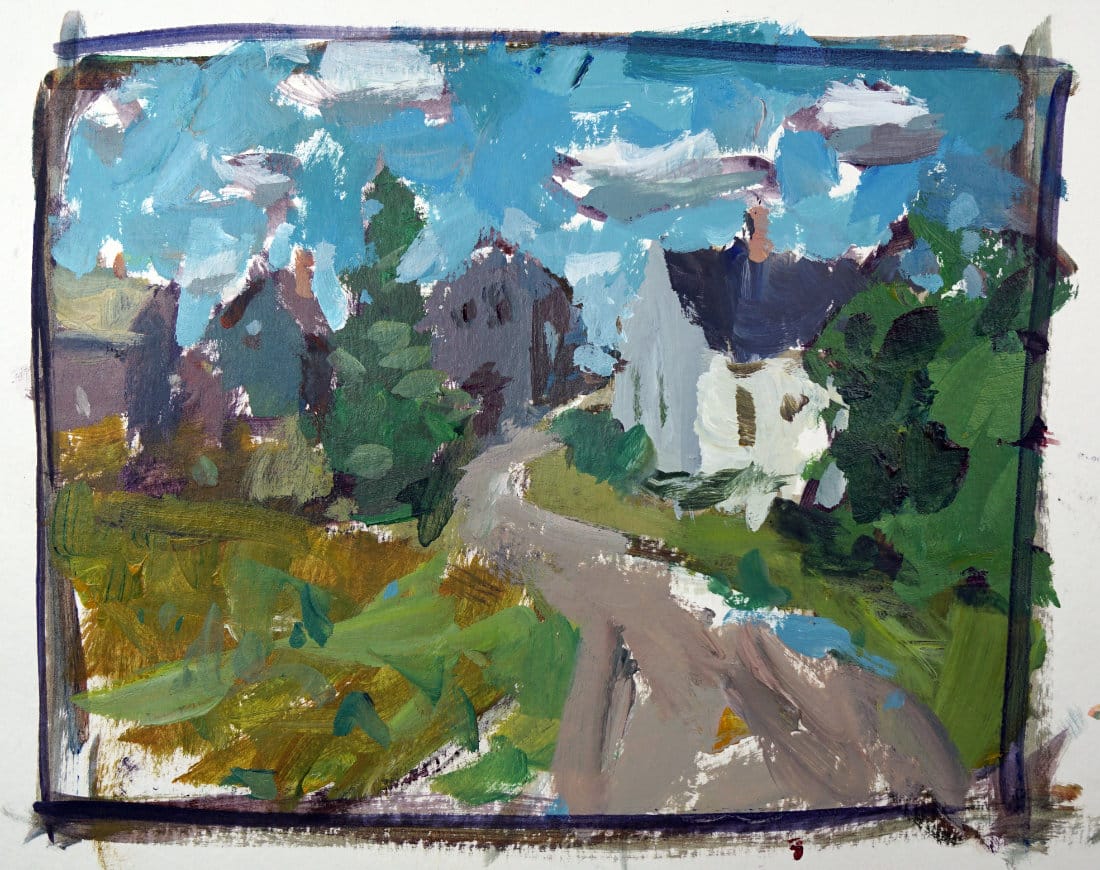 Acrylic landscape painting of a front-lit scene with houses, trees, and a winding path. Demonstrates lighting where the sun hits the subject directly.