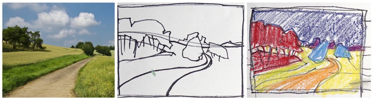 Tutorial showing simplified contour line drawing above and color-coded masses drawing below demonstrating how to group landscapes into 6-7 major shapes for acrylic painting