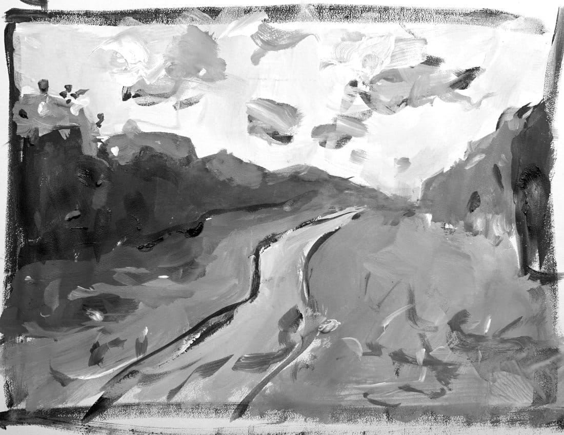 Grayscale acrylic landscape painting showing road and distant hills, demonstrating atmospheric perspective depth and value compression.