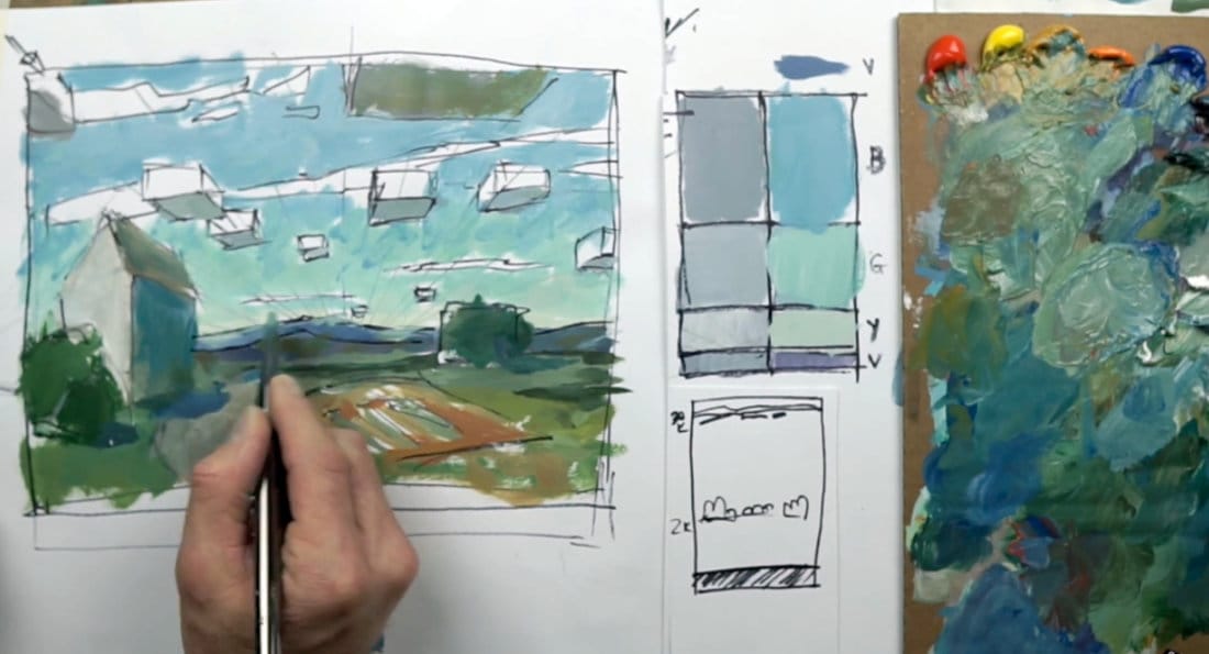 Acrylic landscape painting showing color and value corrections between ground, mountain, and sky planes, emphasizing reflected light and shadow adjustments.
