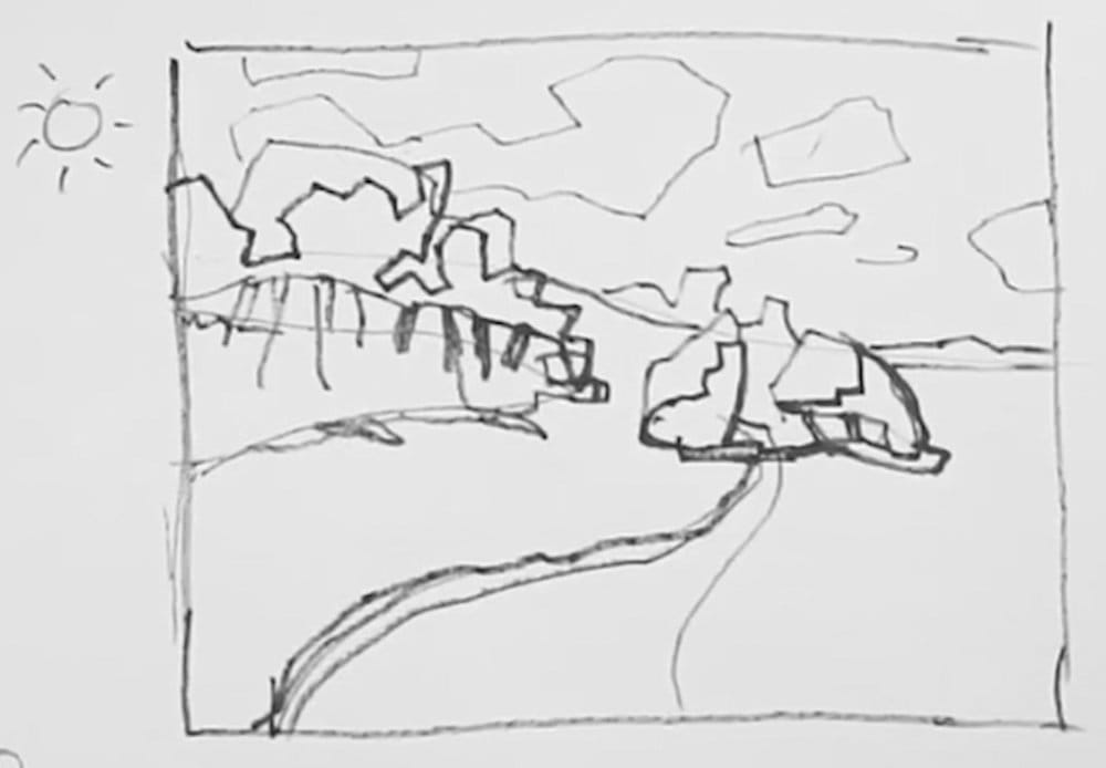 Light and shadow value study drawing for landscape painting showing sun symbol indicating light source and shadow shapes on trees, bushes and path